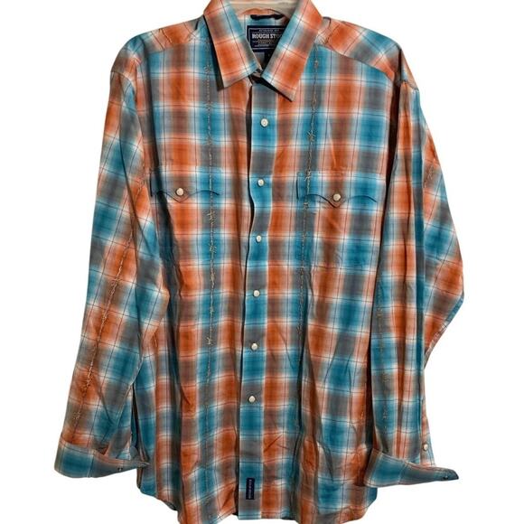 Western Shirt Large Pearl Snap Cowboy Rodeo Orange Blue Plaid Panhandle Slim - Picture 1 of 11